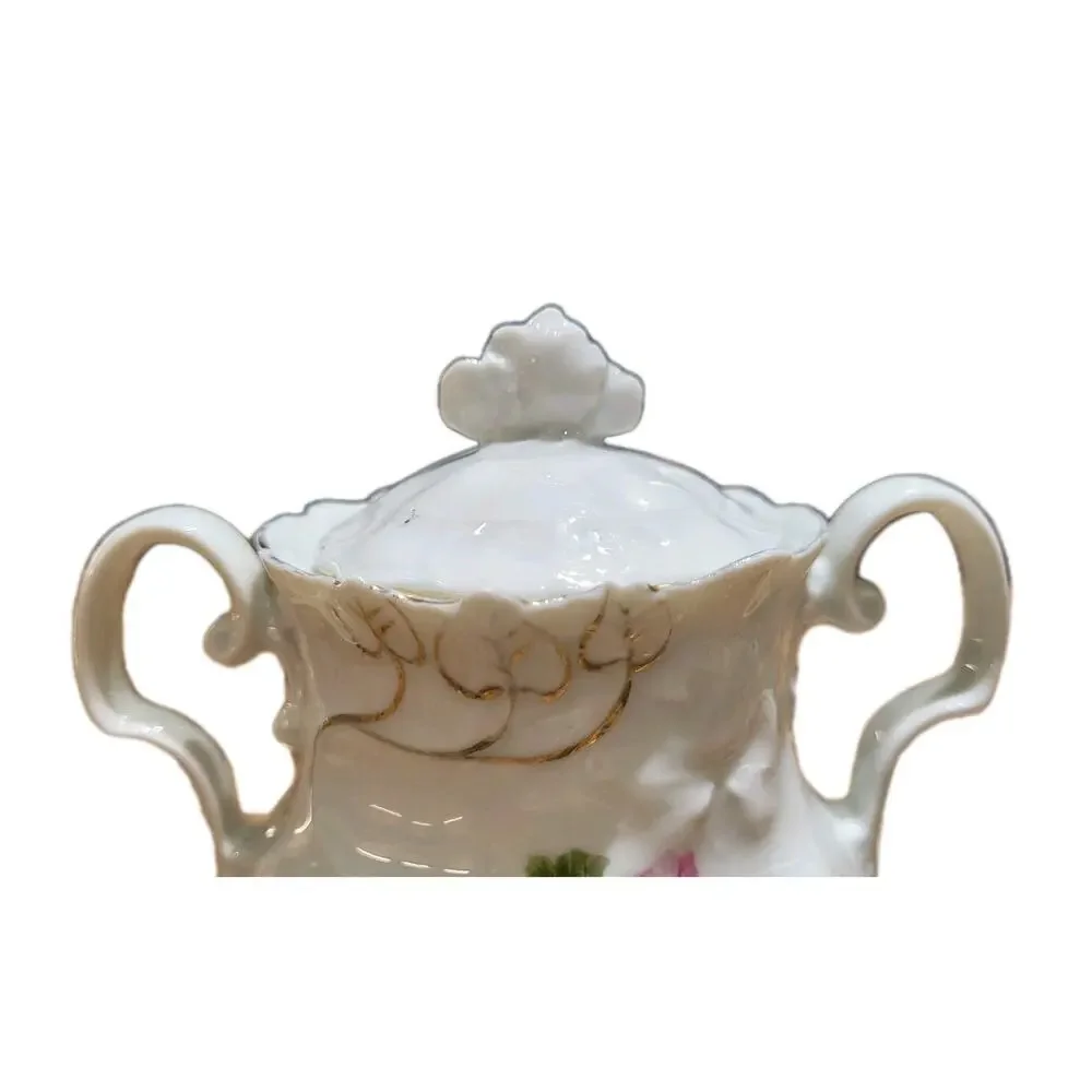 Antique Lehmann Leuchtenburg Germany Sugar Bowl Pink White Roses 2 handle - Picture 6 of 15